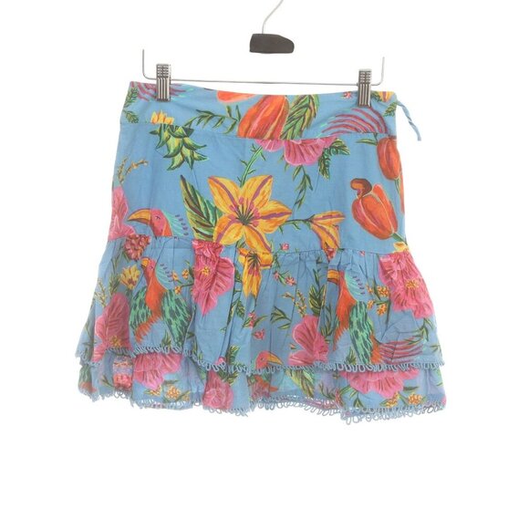 Farm Rio Blue Tropical Floral Tiered Ruffle Mini Skirt S Cotton Blend - Picture 1 of 7